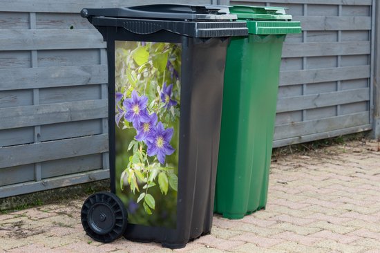 Zwarte kliko met een sticker van paarse clematisbloemen, naast een groene kliko.