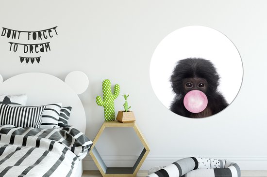 Décoration murale - Cercle mural - Singe - Chimpanzé - Chewing- Animaux - Animaux - Rose - Filles - Garçons - Décoration chambre enfant - 90x90 cm - Plastique