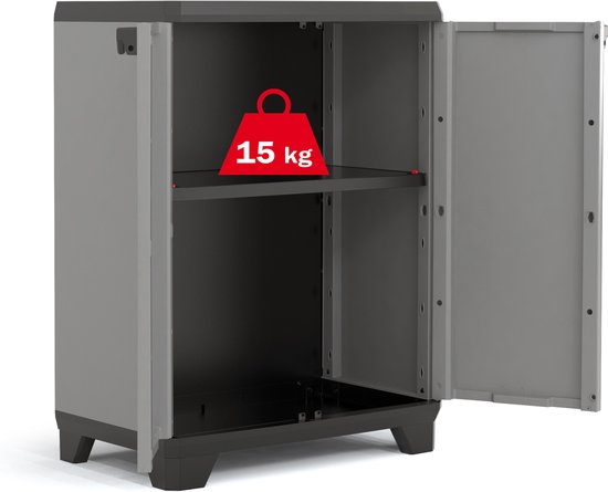 Een grijze opbergkast met de deuren open. Op de plank staat een sticker "15 kg".