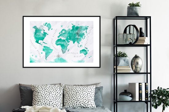 Fotolijst incl. Poster - Wereldkaart - Schilderij - Waterverf - 120x80 cm - Posterlijst