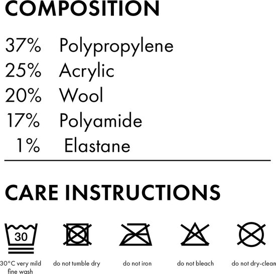 Samenstelling: 37% Polypropyleen, 25% Acryl, 20% Wol, 17% Polyamide, 1% Elastan. Wasinstructies: 30°C fijne was, niet in de droger, niet strijken, niet bleken, niet chemisch reinigen.