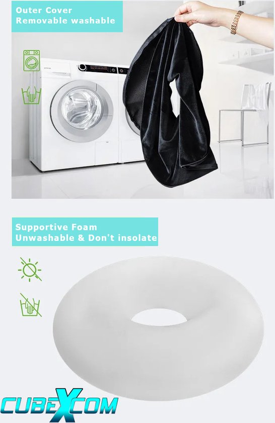 Bovenste deel: Een hand houdt een afneembare, wasbare zwarte hoes vast bij een wasmachine. Onderste deel: een wit, donutvormig kussen.
