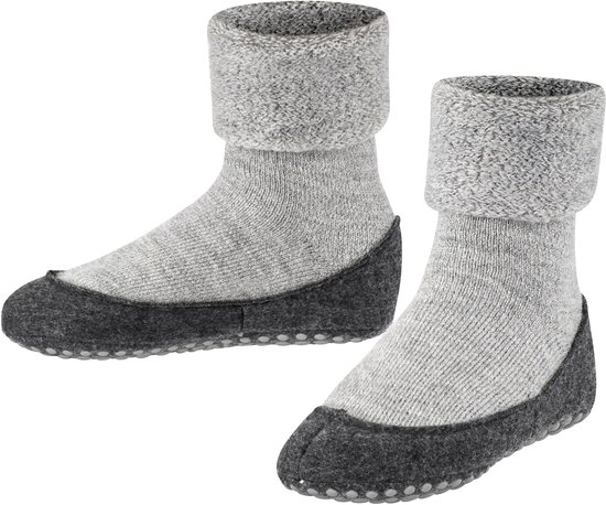 Grijze Falke huissokken pantoffels van merinowol met antislip noppen aan de zool en omslag aan de bovenkant.