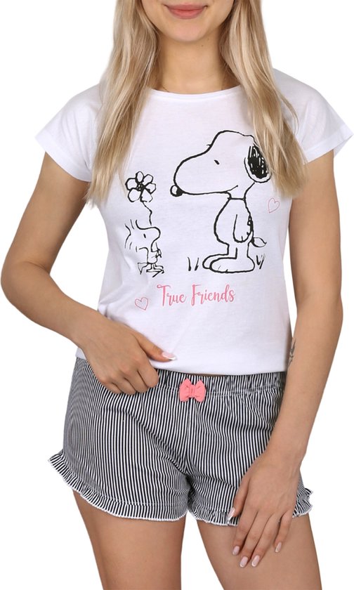 Pyjama d'été rayé à manches courtes pour filles Snoopy Peanuts Witte et bleu marine / 158