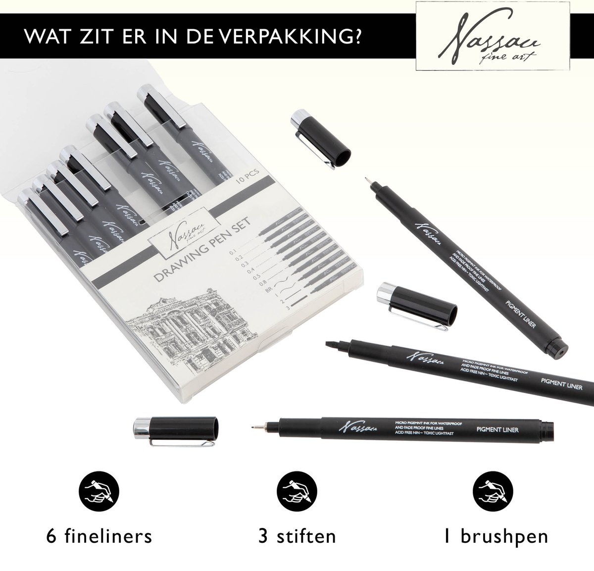 Fineliners Zwart en Brush Pen Set - Pennen, Tekeningen en Schetsen, Fineliner Set, Tekenpennen, Drawing Set - 10 Stuks — afbeelding 10