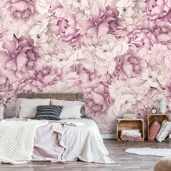 Papier peint photo - Papier Vinyl - Pivoines Roses Vintage - Fleurs - 254 x 184 cm