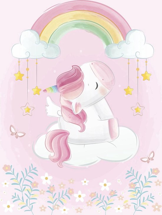 Papier peint photo Peint Intissé - Unicorn sur l'Arc-en-Ciel dans les Nuages - 184 x 254 cm