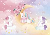 Fotobehang - Vlies Behang - Pastel Unicorns in de Wolken bij de Sterren en Maan - Kinderbehang - 312 x 219 cm