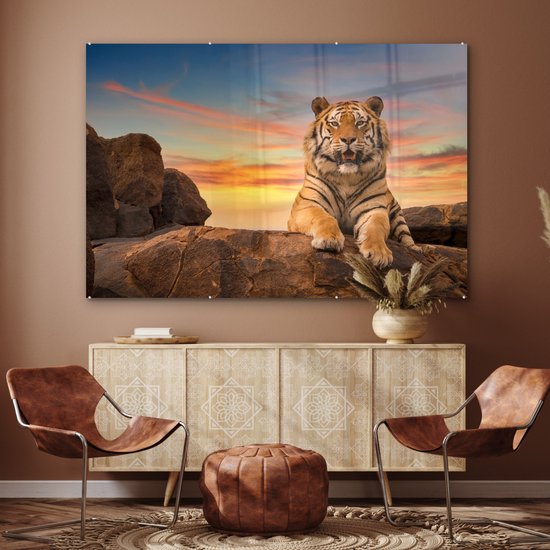 MuchoWow® Peinture sur verre - Tigre - Soleil - Rochers - 180x120 cm - Peintures sur verre acrylique - Photo sur Glas