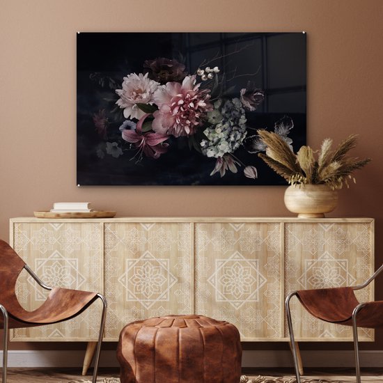 Peinture sur verre fleurs - Vintage - Pastel - Zwart - Bouquet - Peinture sur verre - Salon - 90x60 cm - Décoration fleurs - Décoration chambre - Décoration murale