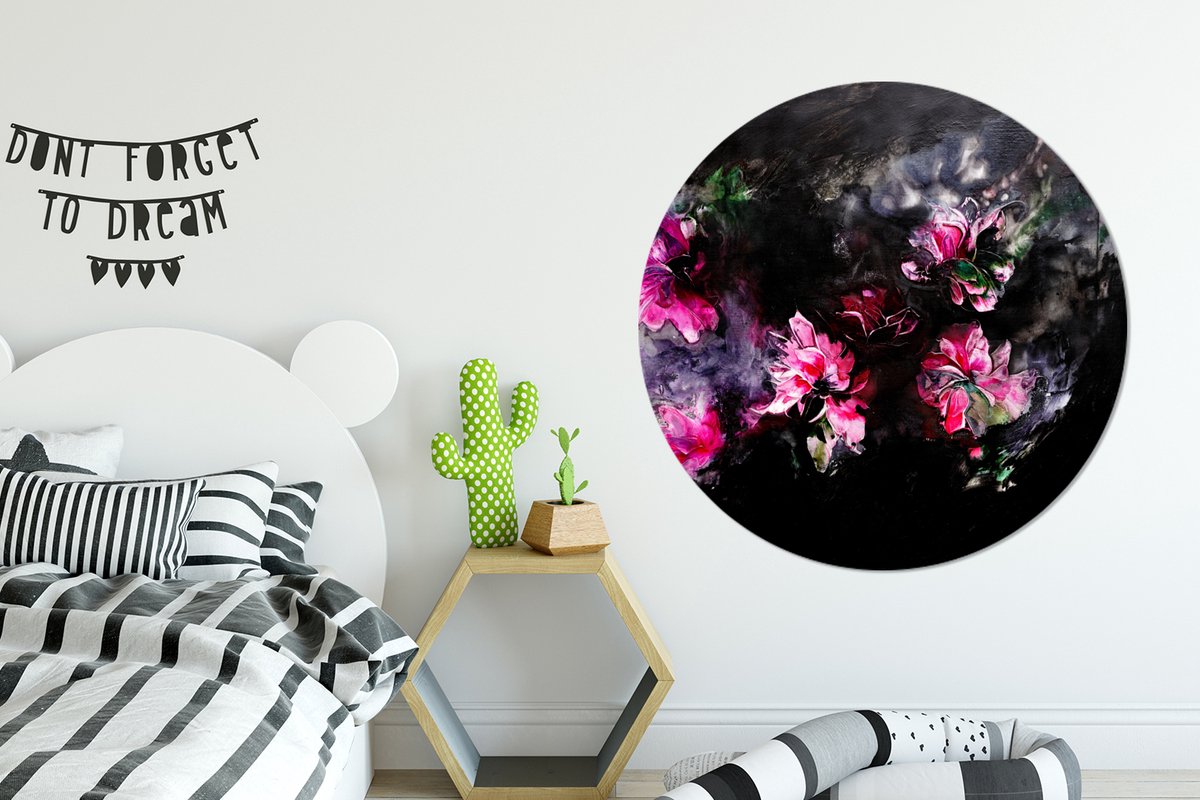 WallCircle - Wandcirkel - Muurcirkel - Bloemen - Kunst - Verf - Roze - Zwart - Aluminium - Dibond - 140x140 cm - Binnen en Buiten