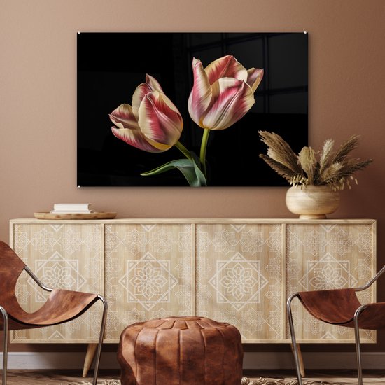 MuchoWow® Peinture sur verre - Tulipes - Fleurs - Rose - Wit - Nature - 120x80 cm - Peintures sur verre acrylique - Photo sur Glas