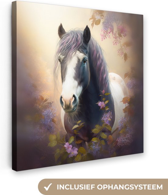Canvas Schilderij Paard - Natuur - Dieren - Bloemen - Paars - 50x50 cm - Wanddecoratie