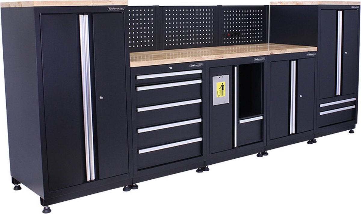 Kraftmeister werkplaatsinrichting - Werkbank met 2 werkplaatskasten, 1 opbergkast, 1 prullenbak en eiken werkblad - Werktafel met 7 laden en gereedschapswand - Complete set voor werkplaats of garage - Zwart