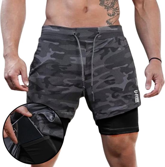 Pantalon de sport U Fit One pour homme - Pantalon de course avec poche mobile - Shorts 2 en 1 - Grijs camouflage - Taille 3XL