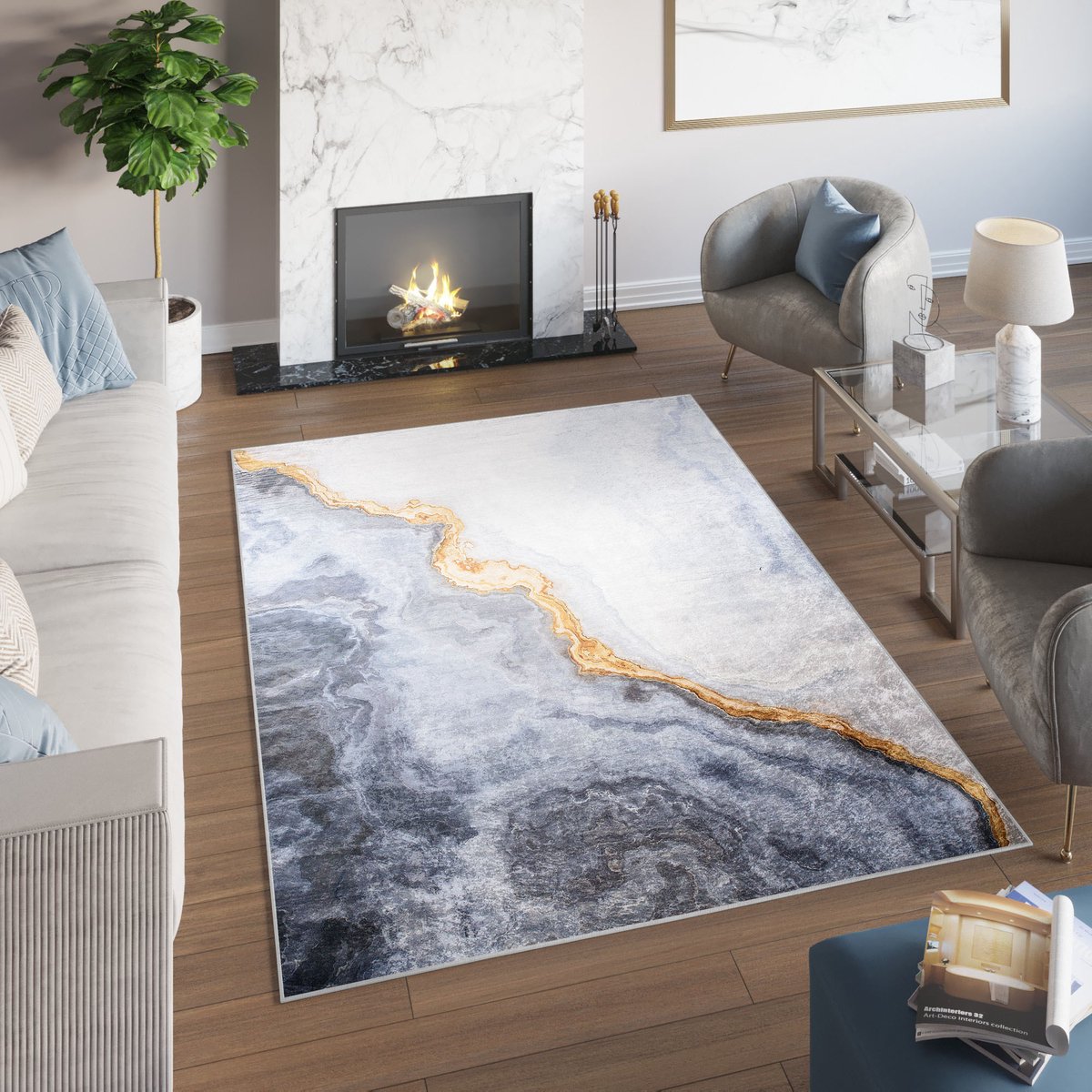 Tapiso Toscana Vloerkleed Modern Grijs Gouden Abstract Tapijt Maat- 200x300 Grijs Gouden 2