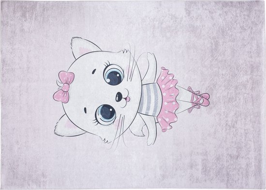 Tapis rose avec un chaton ballerine blanc, un nœud et un tutu.