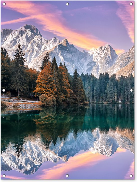 Affiche jardin - Toile jardin - Posters de jardin extérieur - Montagnes - Forêt - Water - Ciel - Rose - Violet - 90x120 cm - Jardin