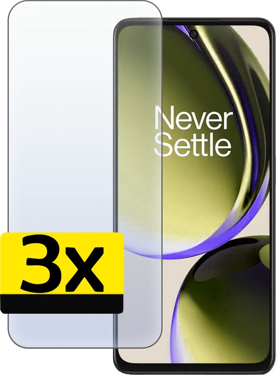 3 stuks glazen screenprotectors voor een OnePlus telefoon met 'Never Settle' op scherm.