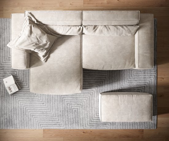 Canapé Sirpio XL 270x130 Cm - Velours Côtelé Beige Avec Pouf - Design Cubique, Assise Profonde - Délife