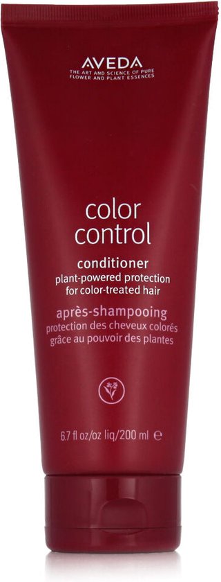 Donkerrode Aveda Color Control conditioner tube met witte tekst: 'color control conditioner plant-powered protection for color-treated hair'.