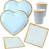 Set de vaisselle jetable Fête - coeur - 10x assiettes / 10x gobelets / 20x serviettes - bleu/or