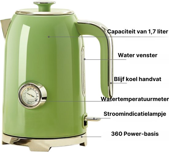 Elektrische waterkoker, retro elektrische waterkoker met lange mond, geïsoleerd zonder Bpa, 360o-basis, waterkoker met een capaciteit van 1,5 l met automatische uitschakeling, mini-waterkoker (kleur