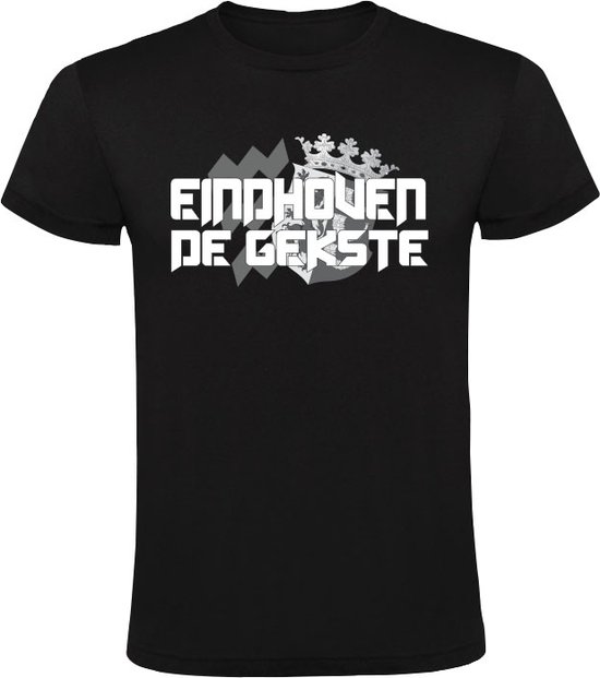 T-shirt noir avec texte blanc 'EINDHOVEN DE GEKSTE' et une couronne.