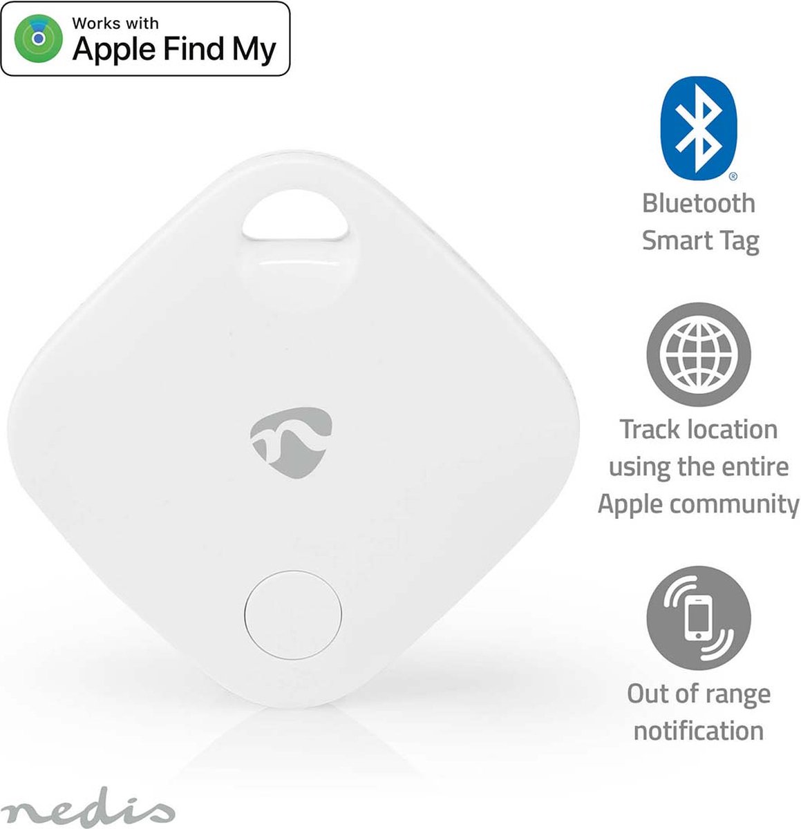 Nedis Keyfinder - Geschikt voor: Apple Find My App - Batterij Gevoed - 1x CR2032 - Incl. batterij(en) - Bluetooth-versie: 5.1 - Batterijlevensduur tot: 1 Jaar - Wit - 1 Stuks