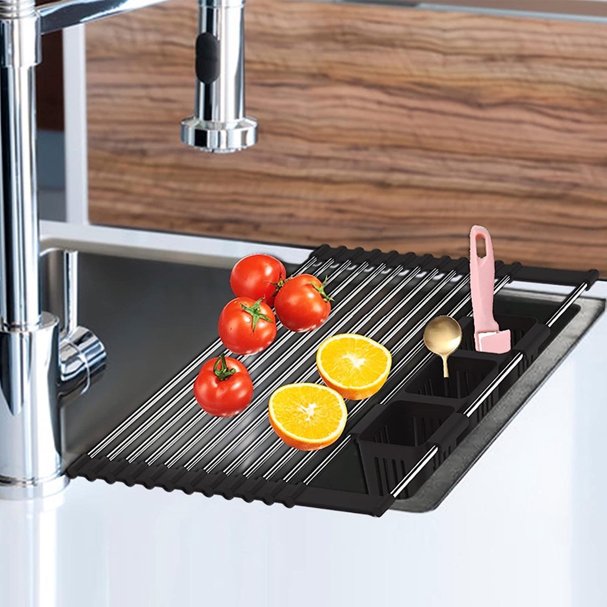 Goedkoopste Afdruiprek, spoelbak, afdruiprek, servies, roestvrij staal, inklapbaar, met messen- en vorkhouder, roestvrij staal, spoelbak, bovenop, droogrek (58 cm - 31 cm) x 32 cm, zwart