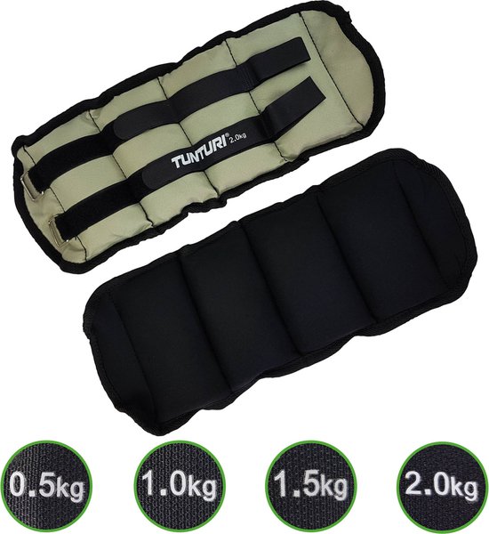 Set van grijze en zwarte enkel- of polsgewichten, met gewichtsindicaties 0.5kg tot 2.0kg.
