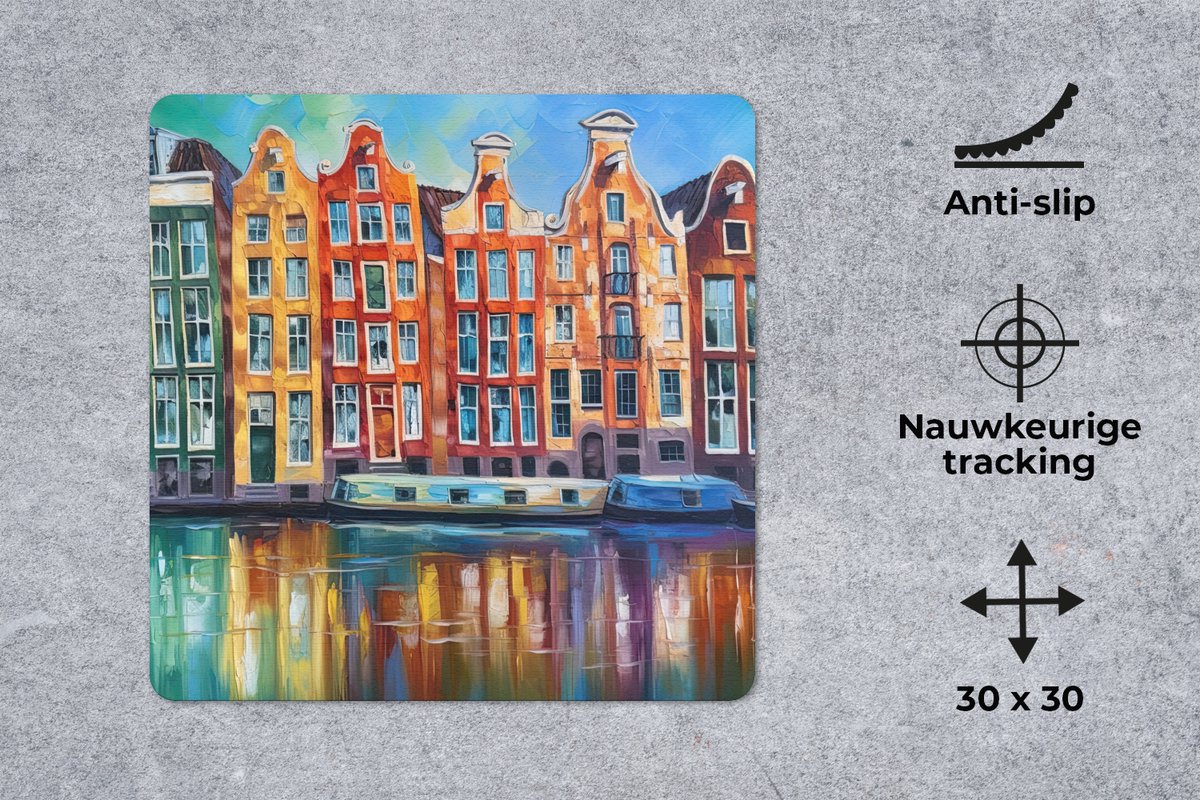 Muismat 30x30 cm - Mousepad Amsterdam - Olieverf - Gracht - Schilderij - Kunst - Muismatten