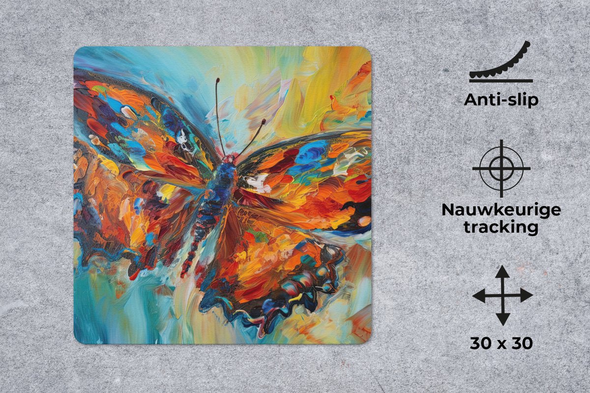 Muismat 30x30 cm - Mousepad Vlinder - Kleuren - Kunst - Schilderij - Muismatten