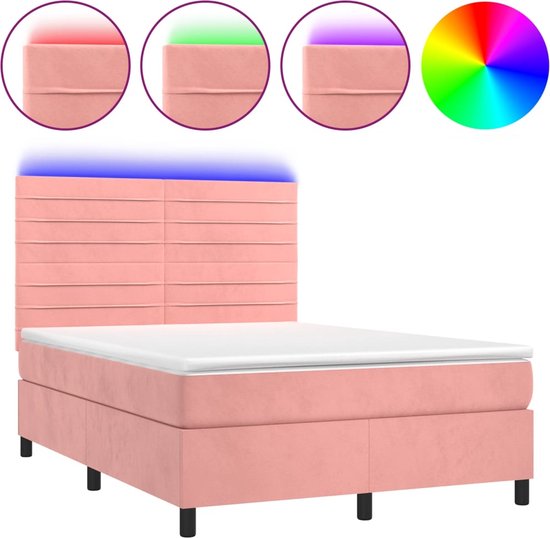 vidaXL - Boxspring - met - matras - en - LED - fluweel - roze - 140x190 - cm