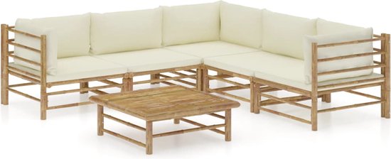 vidaXL - 6-delige - Loungeset - met - crèmewitte - kussens - bamboe