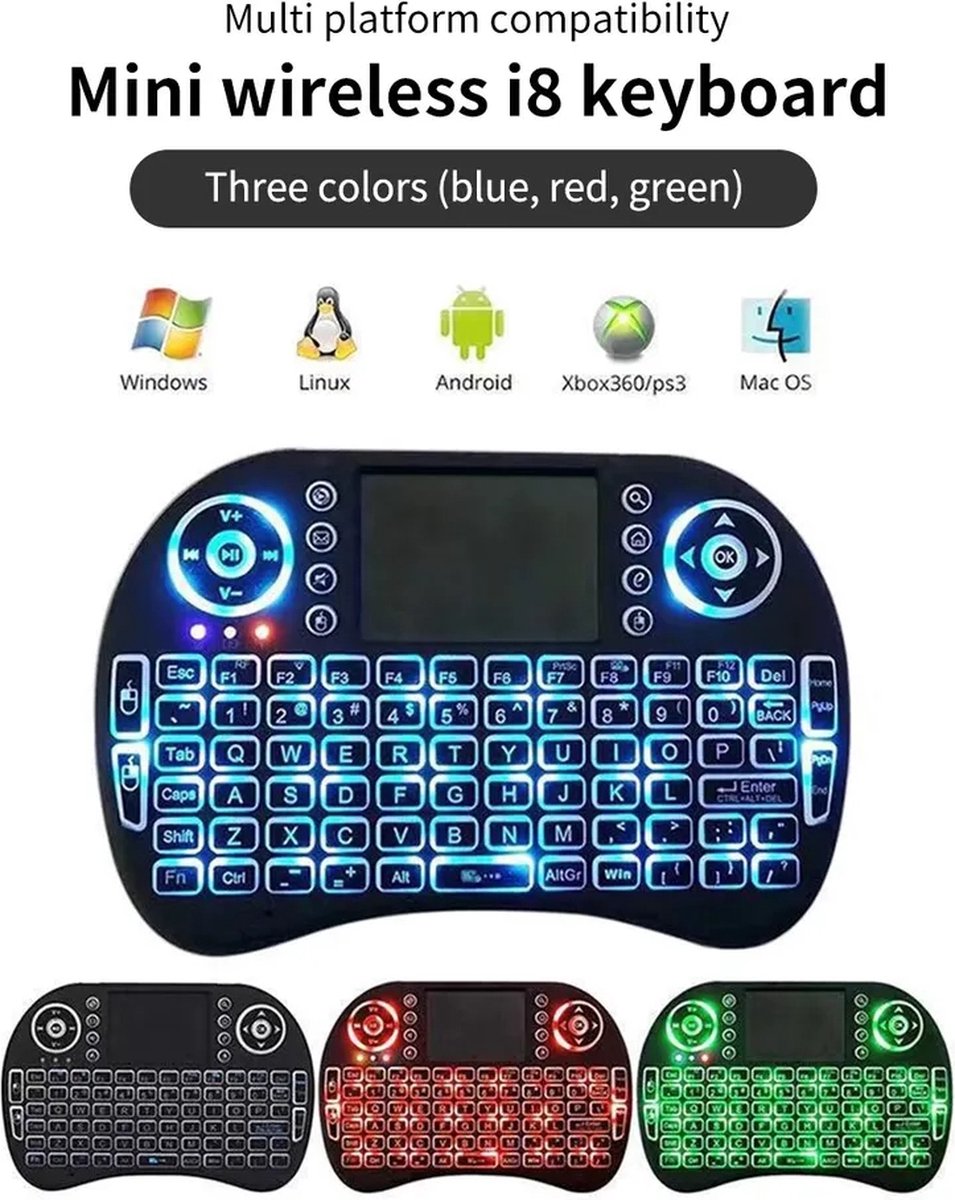 Mini Draadloos Toetsenbord 2.4G met Touchpad - 3 Kleur Achtergrondverlichting - Wireless Keyboard - Toetsenbord voor Smart TV, PC, Android TV