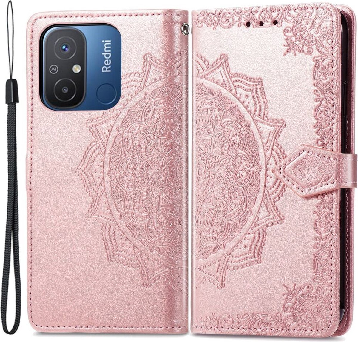 Xiaomi Redmi 12C Hoesje Mandala Book Case met Pasjeshouder Roze Goud