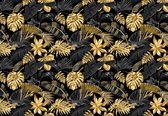 Fotobehang - Vlies Behang - Zwarte en Gouden Jungle Bladeren - Botanisch - Tropsich - 312 x 219 cm
