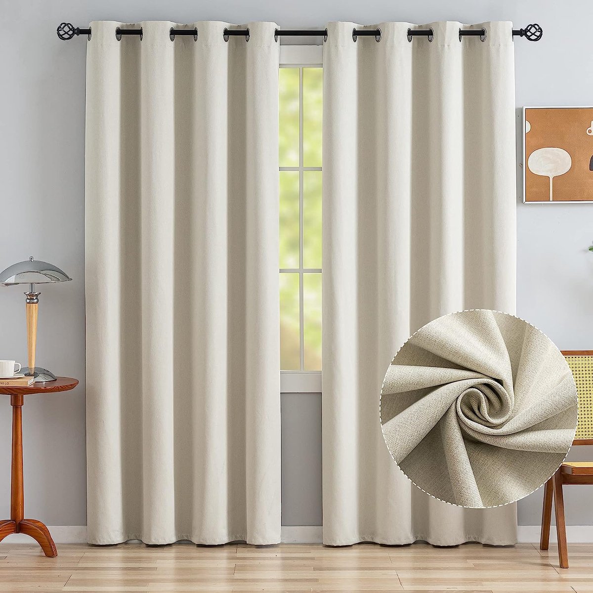 100% totaal ondoorzichtig gordijn met ringen, ondoorzichtig, linnenlook, verduisteringsgordijnen voor woonkamer, slaapkamer en kinderkamer, 