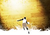 Fotobehang Basketbalspeler Op Een Achtergrond Van Planken - Vliesbehang - 450 x 300 cm