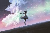 Fotobehang Ballerina Dansen Op De Achtergrond Van De Nachtelijke Hemel - Vliesbehang - 360 x 240 cm