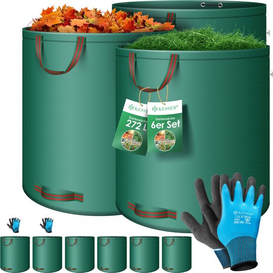 KESSER Tuinzak 2 x 500 liter bladzak tuinafvalzak incl. handschoenen zelfstaand 4 handgrepen stabiel robuust en opvouwbaar bladzakken gazonsnede tuinzakken voor tuinafval groen gesneden zwart