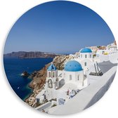 PVC Schuimplaat Muurcirkel - De Kenmerkende Blauwe Daken van Santorini - 50x50 cm Foto op Muurcirkel (met ophangsysteem)