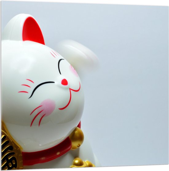 Acrylglas - Japans Maneki Neko Kattenbeeldje in het Rood met Wit en Goud - 100x100 cm Foto op Acrylglas (Met Ophangsysteem)