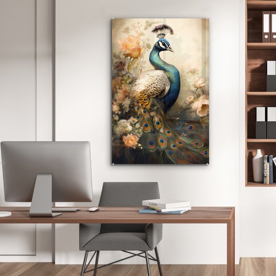MuchoWow® Peinture sur verre - Paon - Plumes de paon - Fleurs - Vogels - Botanique - 80x120 cm - Peintures sur verre acrylique - Photo sur Glas