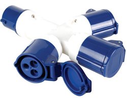 Perel Drieweg splitter, 16 A/230 V, 3500 W, CEE naar 3 x CEE, voor binnen en buiten, ABS, blauw