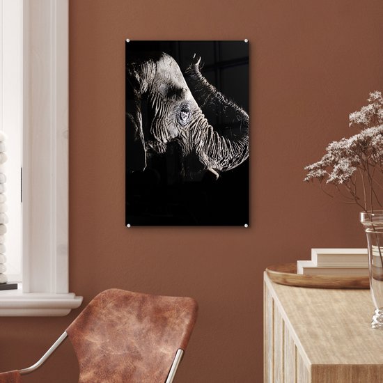 MuchoWow® Peinture sur verre 40x60 cm - Peinture sur verre acrylique - Éléphant - Zwart - Animaux - Nature - Photo sur verre - Peintures