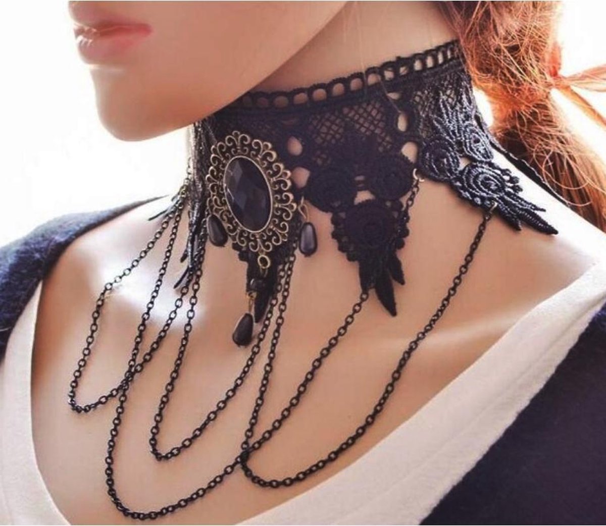 Choker en dentelle noire large avec perles et chaînes - collier collier  victorien sexy... | bol.com