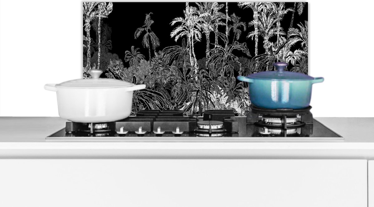 Spatscherm - Jungle - Palmboom - Tropical - Zwart - Wit - Muurbeschermer - 60x30 cm - Spatwand keuken