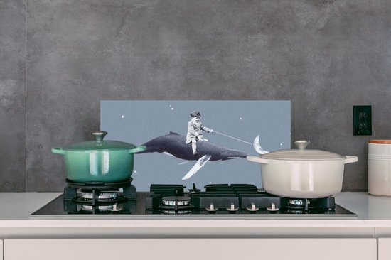 Spatscherm keuken - Kind - Maan - Walvis - Sterrenhemel - Retro - Spatwand - Keuken - 70x30 cm - Achterwand keuken
